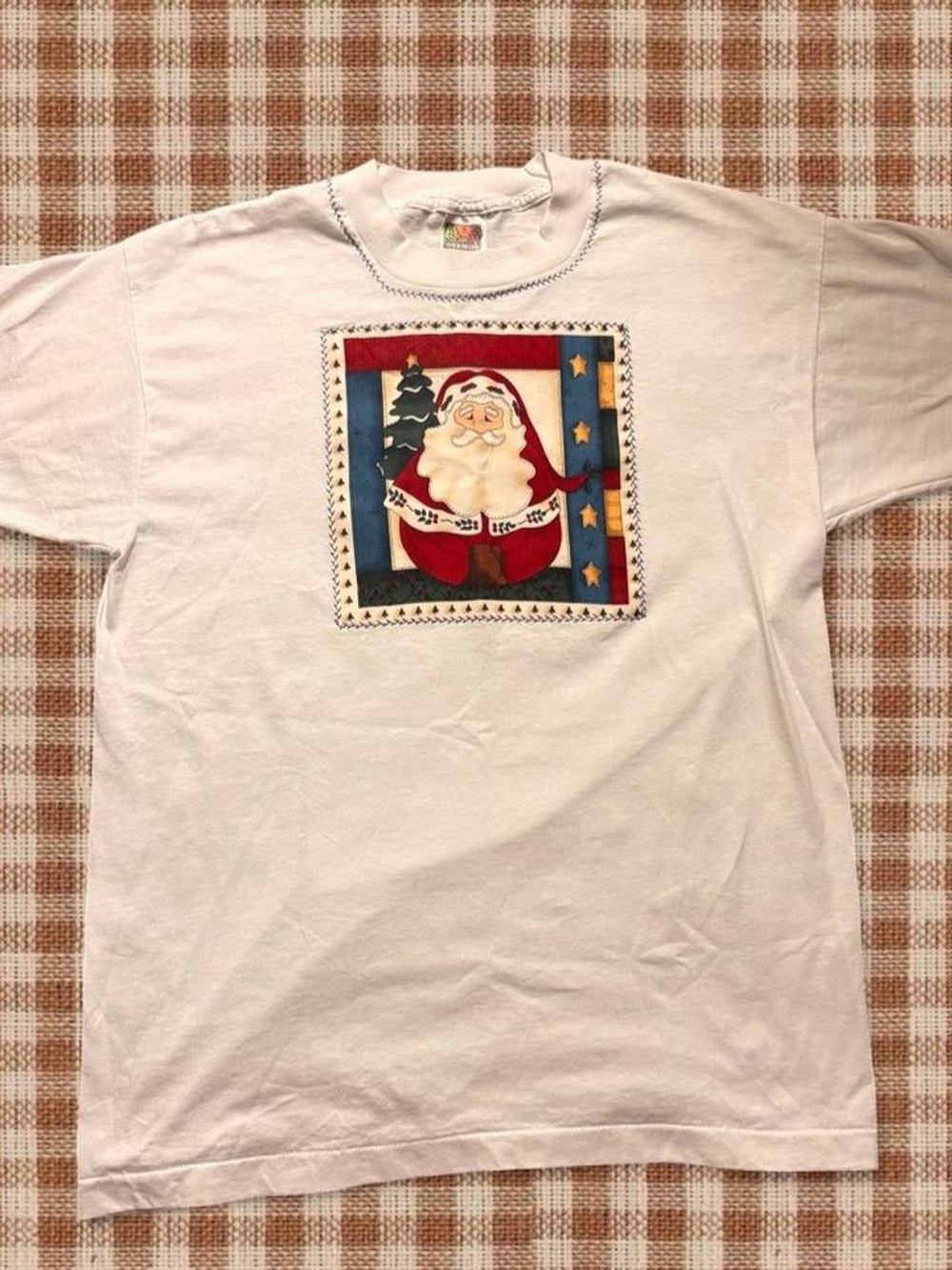 Vintage White Short Sleeve Tee with handmade Santa Patch